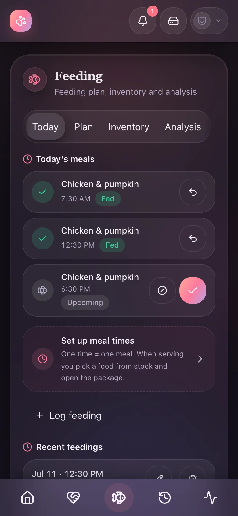 Felivo app - the Feeding view with today's meals, check-offs and a meal schedule
